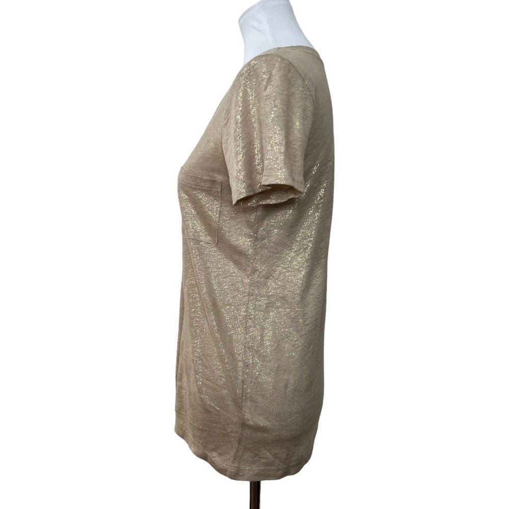 J.CREW 100% Linen Tee Metallic Gold Beige Shimmer V Neck T-Shirt Casual Lux - Picture 2 of 7